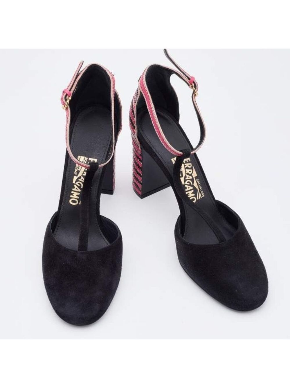 Salvatore Ferragamo Black/Pink Suede And Leather Fergie T-Strap Pumps - Picture 4 of 13
